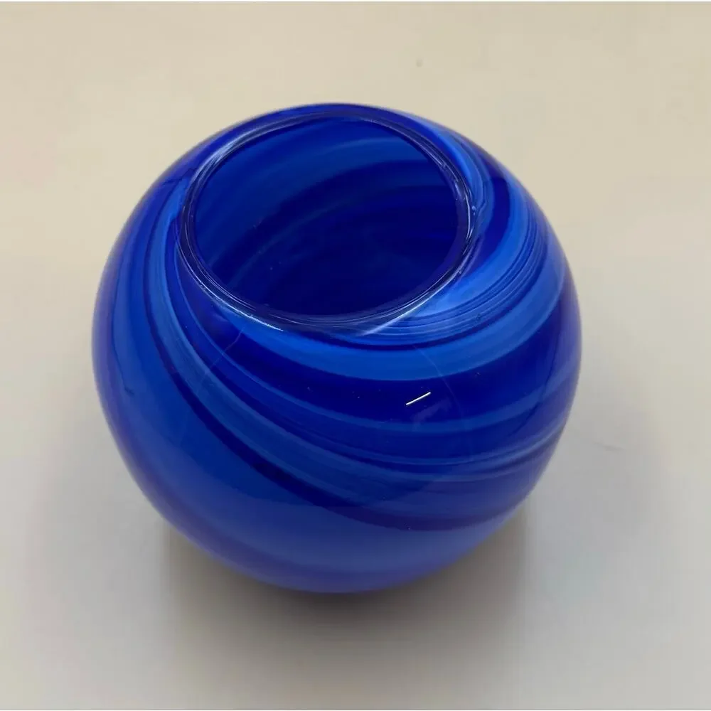 Hand Blown Cobalt Blue Swirl Art Glass Orb Vase Round Studio Glass 5.5”